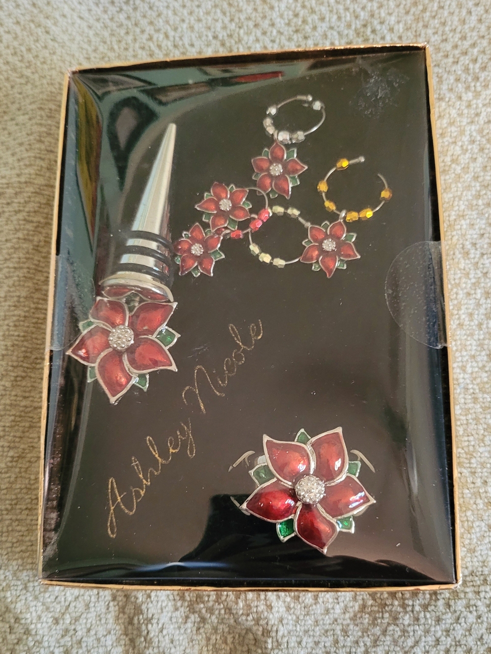 Red Poinsettia Wine Stopper and Charms Set